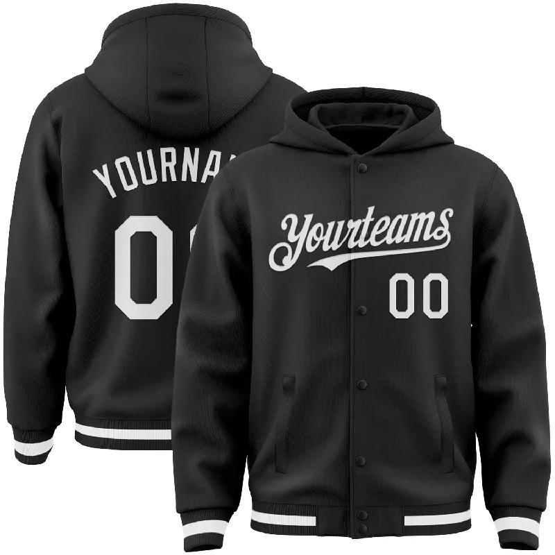 One Size Black White Bomber Full-Snap Varsity Letterman Hoodie Jacket