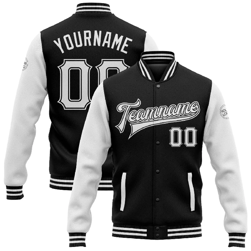 One Size Black White Bomber Full-Snap Varsity Letterman Two Tone Jacket