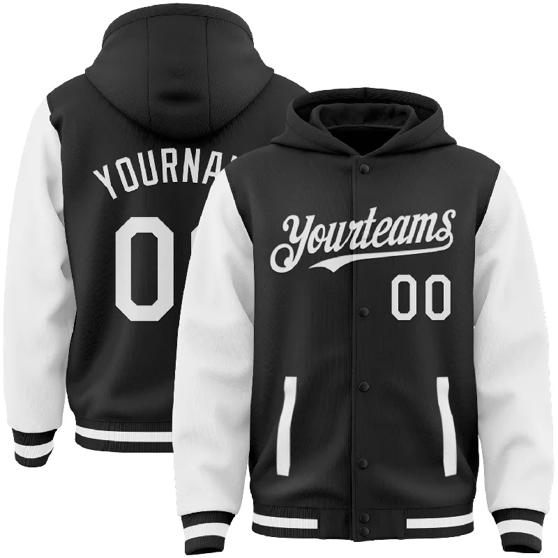 One Size Black White Bomber Full-Snap Varsity Letterman Two Tone Hoodie Jacket