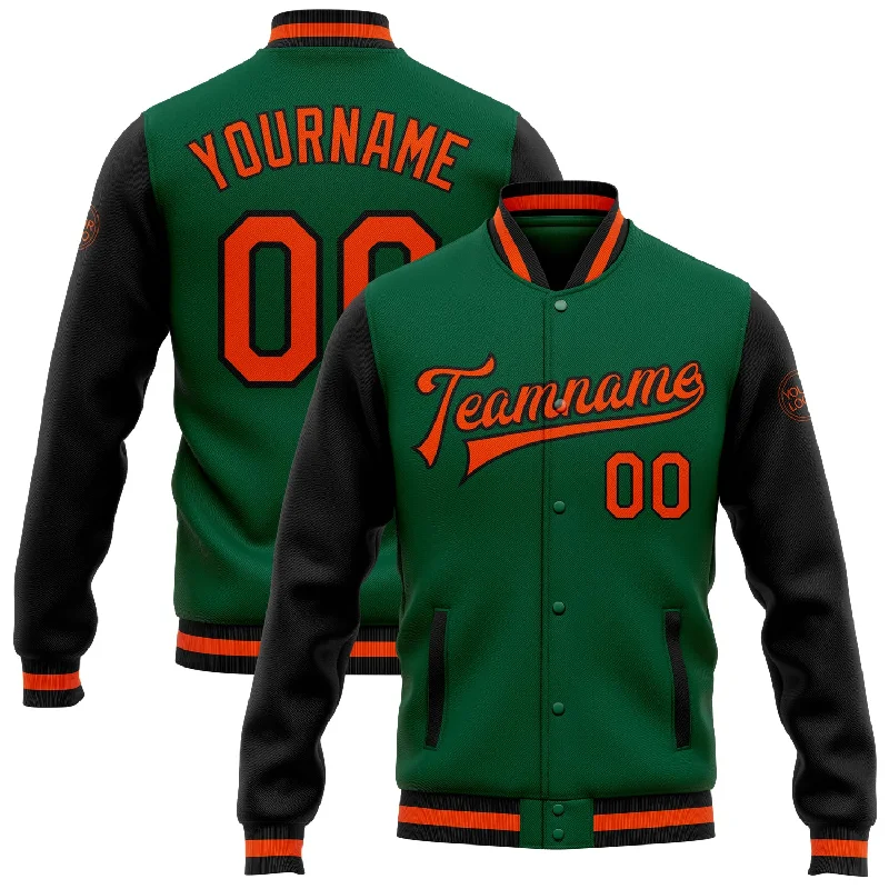 One Size Kelly Green Orange-Black Bomber Full-Snap Varsity Letterman Two Tone Jacket