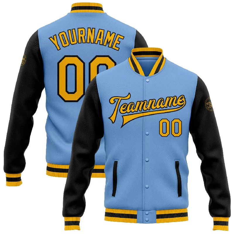 One Size Light Blue Gold-Black Bomber Full-Snap Varsity Letterman Two Tone Jacket