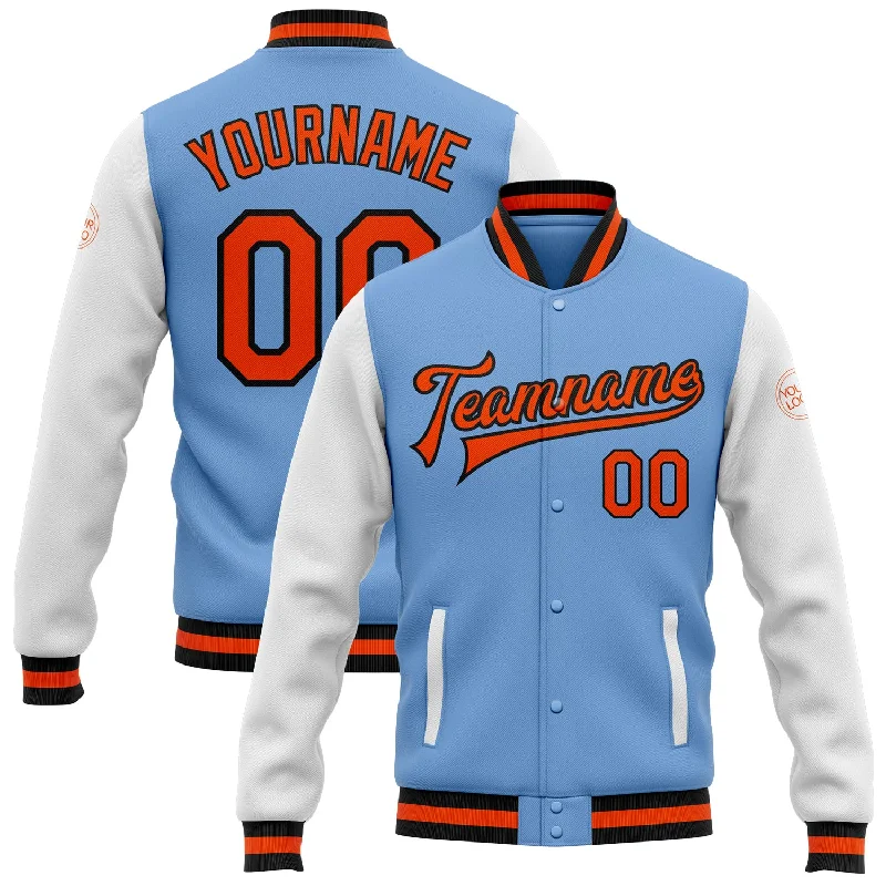 One Size Light Blue Orange-Black Bomber Full-Snap Varsity Letterman Two Tone Jacket