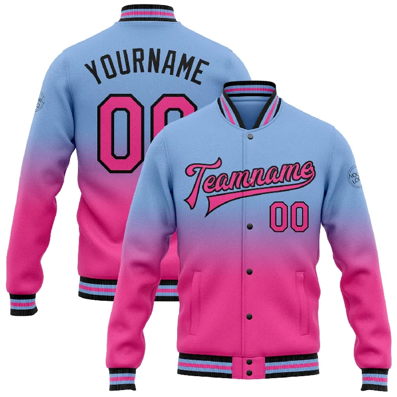 One Size Light Blue Pink-Black Bomber Full-Snap Varsity Letterman Fade Fashion Jacket