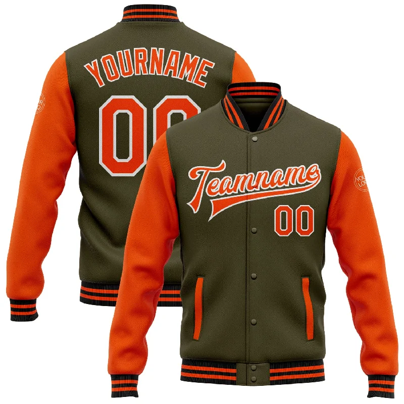 One Size Olive Orange-Black Bomber Full-Snap Varsity Letterman Two Tone Salute To Service Jacket