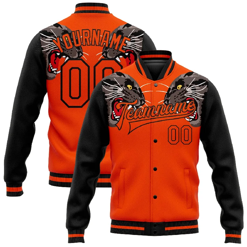 One Size Orange Black Leopard 3D Pattern Design Bomber Full-Snap Varsity Letterman Jacket