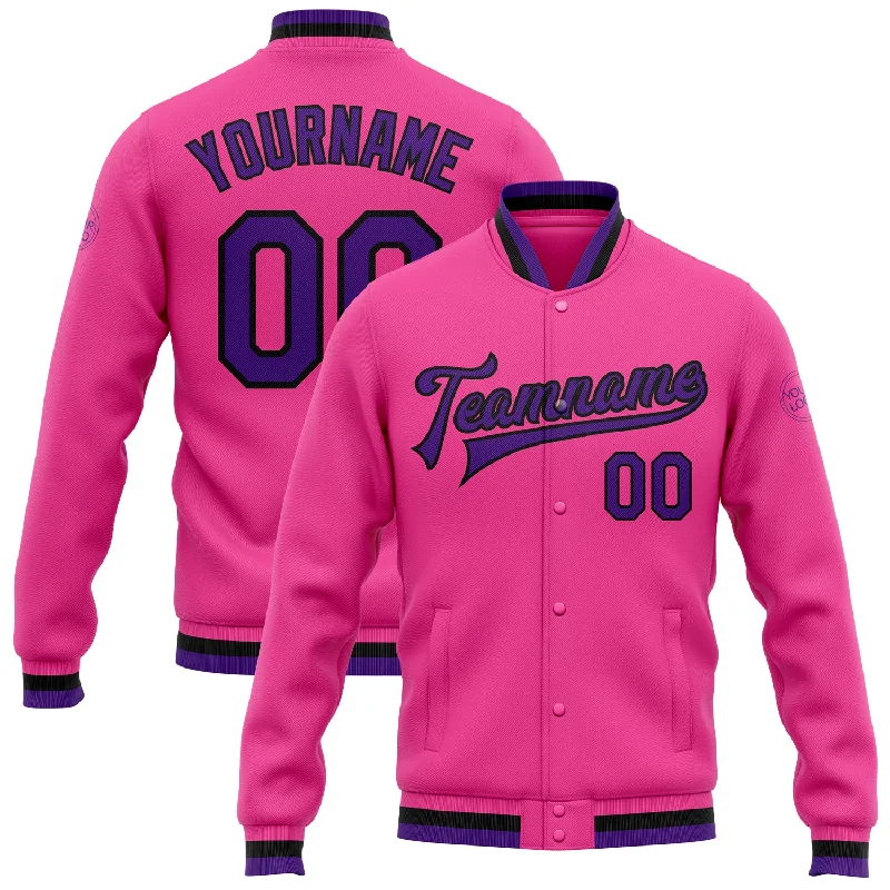 One Size Pink Purple-Black Bomber Full-Snap Varsity Letterman Jacket