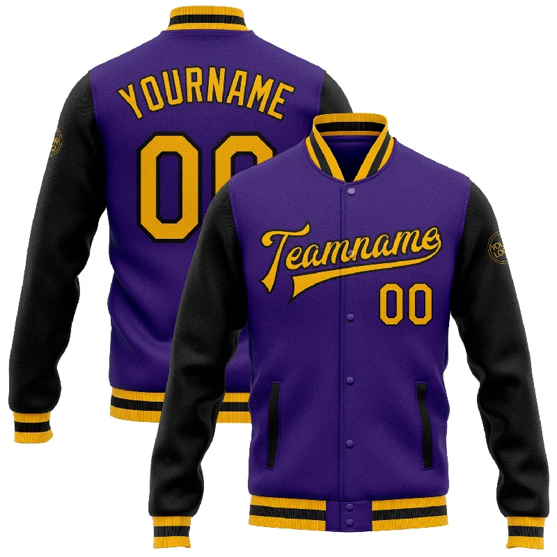 One Size Purple Gold-Black Bomber Full-Snap Varsity Letterman Two Tone Jacket