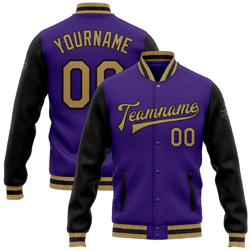 One Size Purple Old Gold-Black Bomber Full-Snap Varsity Letterman Two Tone Jacket