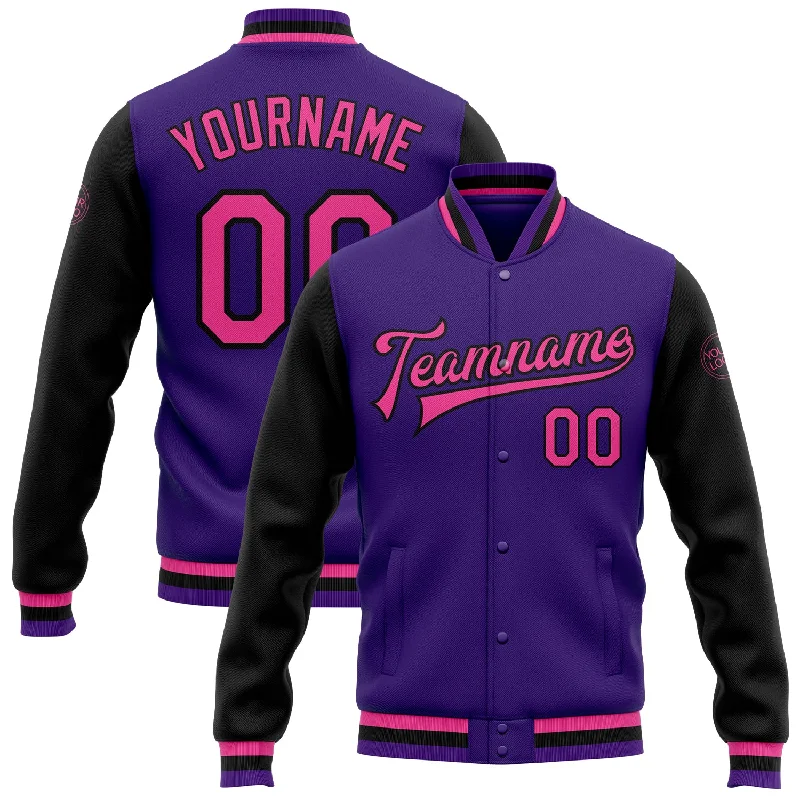 One Size Purple Pink-Black Bomber Full-Snap Varsity Letterman Two Tone Jacket