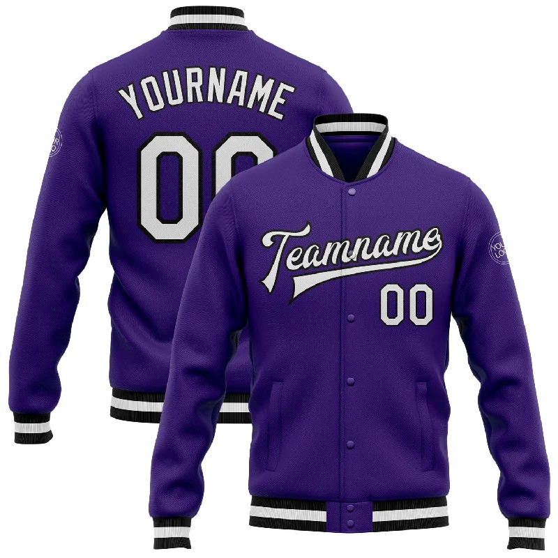 One Size Purple White-Black Bomber Full-Snap Varsity Letterman Jacket