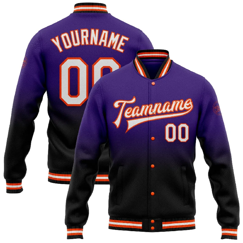 One Size Purple White Black-Orange Bomber Full-Snap Varsity Letterman Fade Fashion Jacket