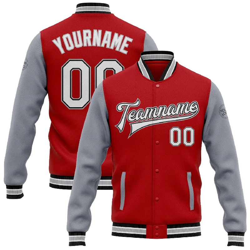 One Size Red White Black-Gray Bomber Full-Snap Varsity Letterman Two Tone Jacket