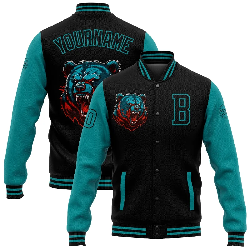 One Size Black Teal 3D Pattern Design Bomber Full-Snap Varsity Letterman Jacket