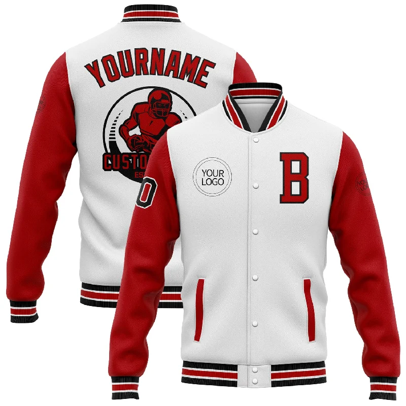 One Size White Red-Black Bomber Full-Snap Varsity Letterman Two Tone Jacket