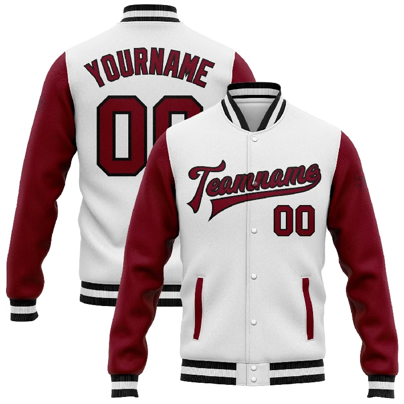 One Size White Crimson-Black Bomber Full-Snap Varsity Letterman Two Tone Jacket