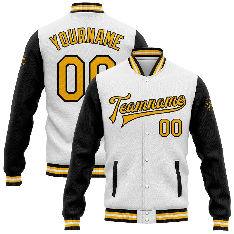 One Size White Gold-Black Bomber Full-Snap Varsity Letterman Two Tone Jacket