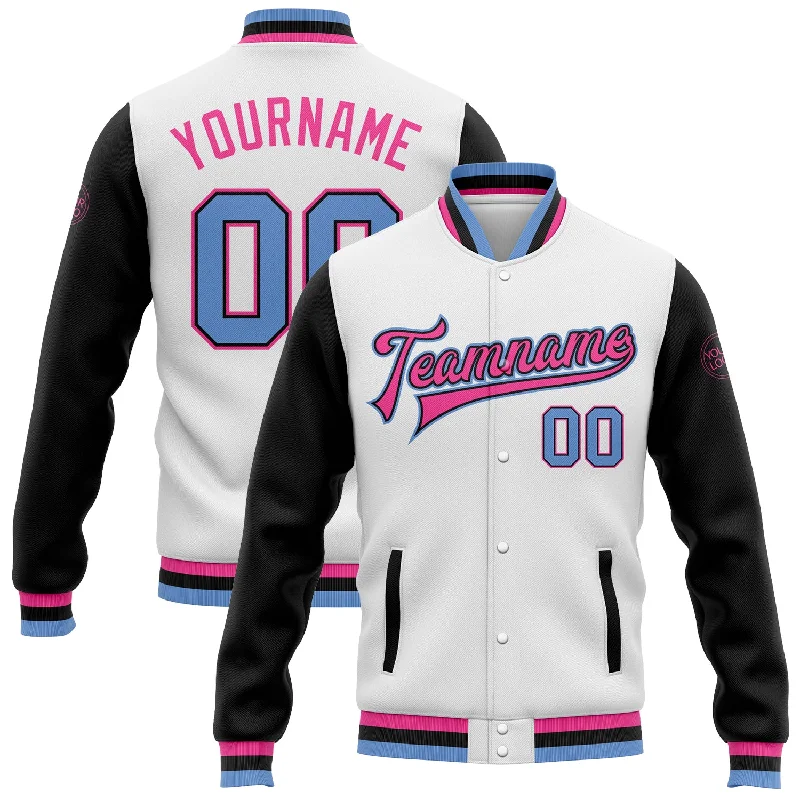 One Size White Light Blue Black-Pink Bomber Full-Snap Varsity Letterman Two Tone Jacket