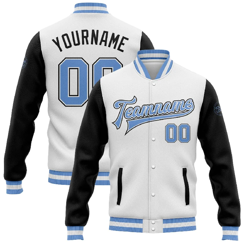 One Size White Light Blue-Black Bomber Full-Snap Varsity Letterman Two Tone Jacket