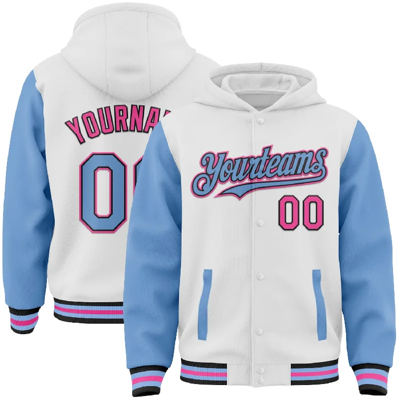 One Size White Light Blue Black-Pink Bomber Full-Snap Varsity Letterman Two Tone Hoodie Jacket