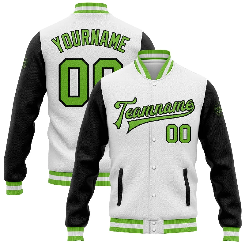 One Size White Neon Green-Black Bomber Full-Snap Varsity Letterman Two Tone Jacket