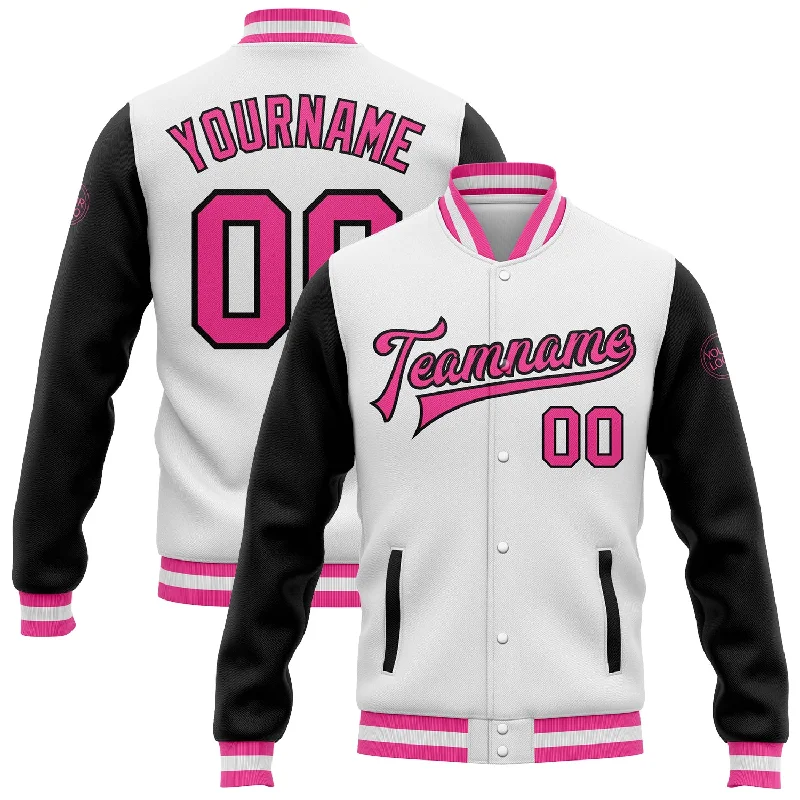 One Size White Pink-Black Bomber Full-Snap Varsity Letterman Two Tone Jacket