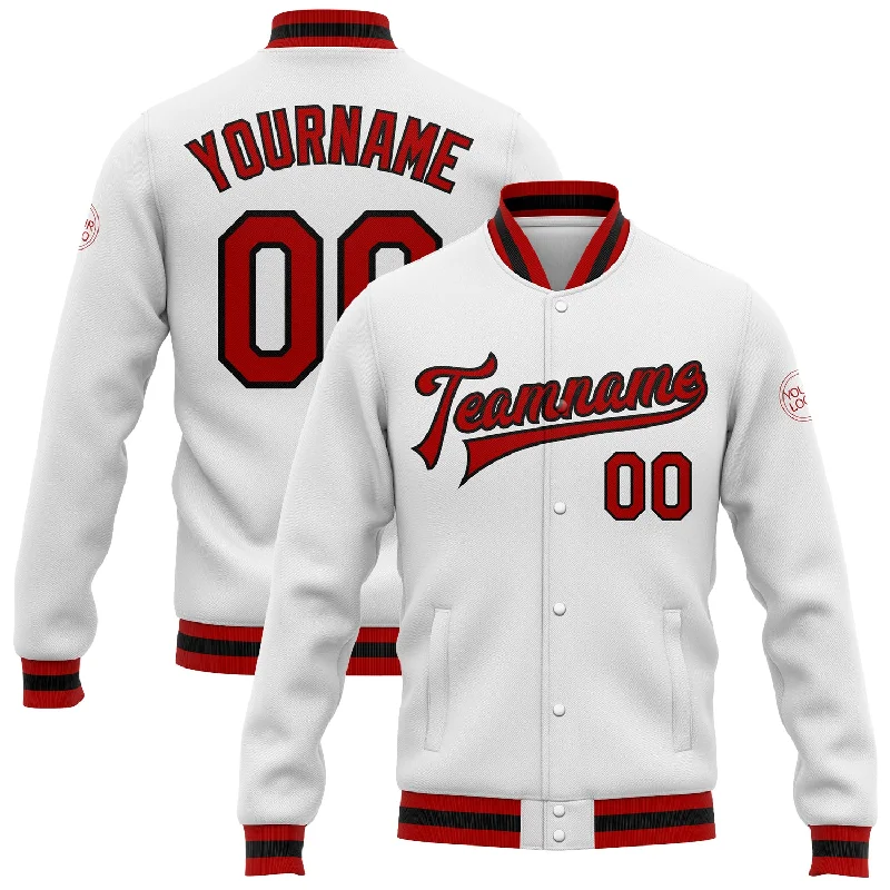 One Size White Red-Black Bomber Full-Snap Varsity Letterman Jacket