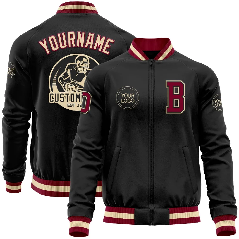 One Size Black Maroon-Cream Bomber Varsity Letterman Zipper Jacket