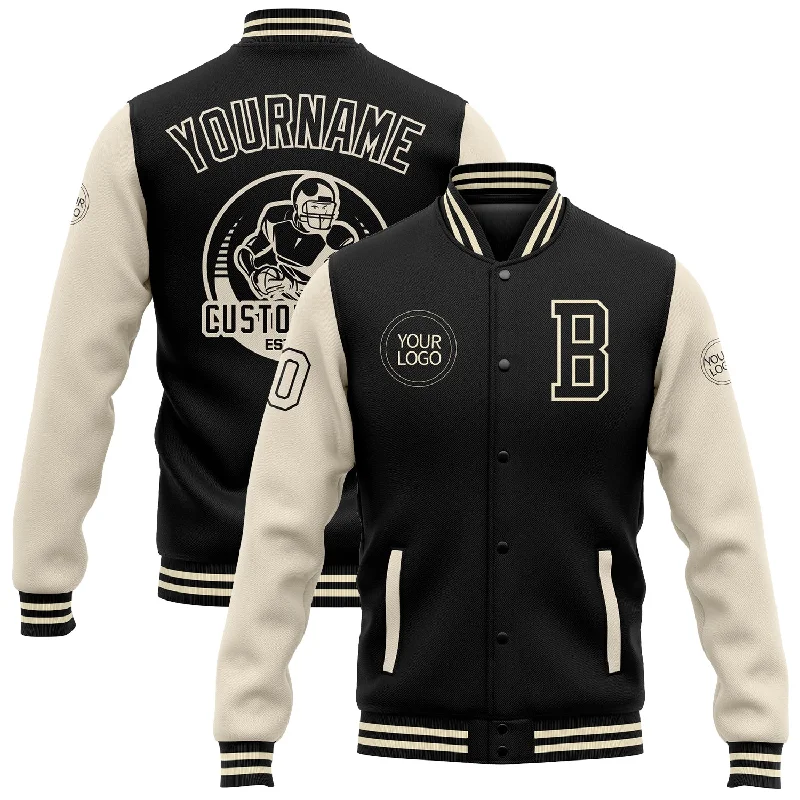 One Size Black Cream Bomber Full-Snap Varsity Letterman Two Tone Jacket