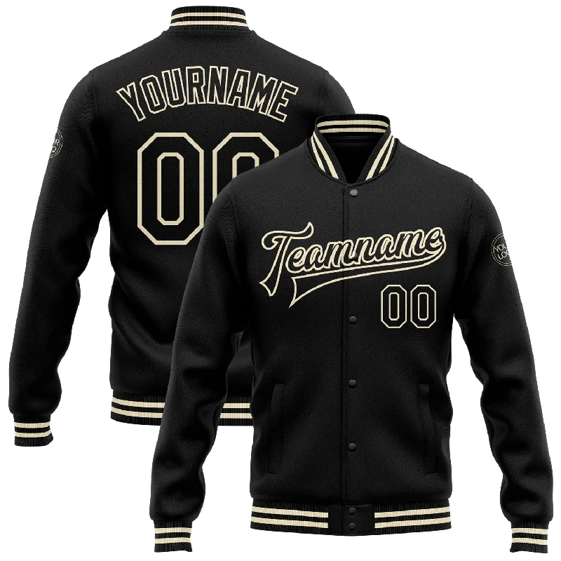 One Size Black Black-Cream Bomber Full-Snap Varsity Letterman Jacket