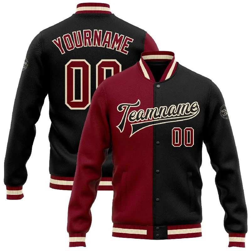 One Size Black Crimson Cream-Maroon Bomber Full-Snap Varsity Letterman Split Fashion Jacket