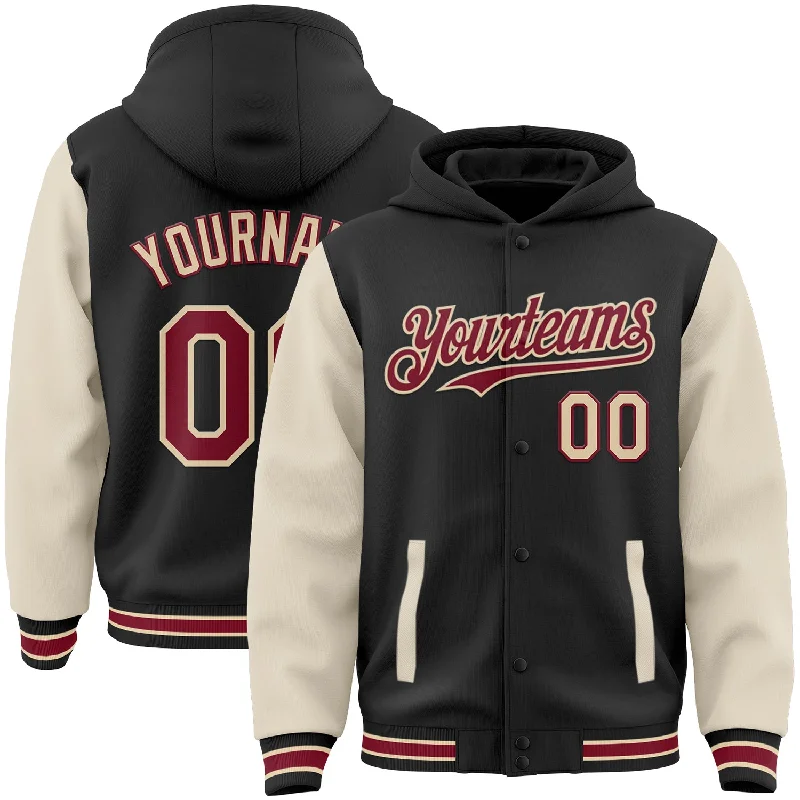 One Size Black Crimson Cream-City Cream Bomber Full-Snap Varsity Letterman Two Tone Hoodie Jacket