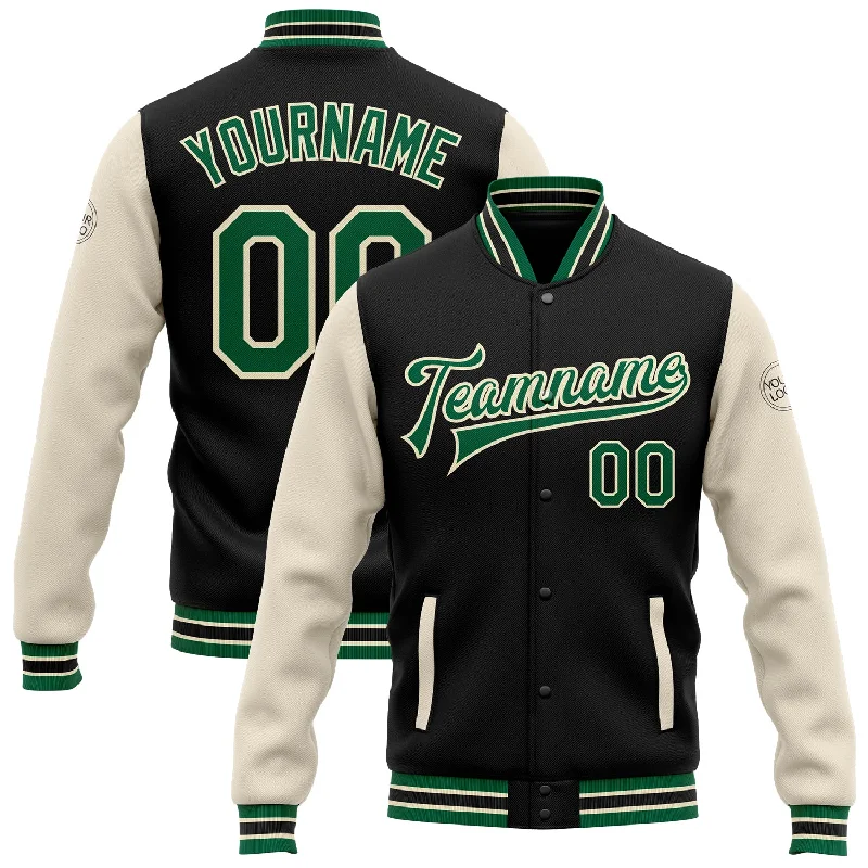 One Size Black Kelly Green-Cream Bomber Full-Snap Varsity Letterman Two Tone Jacket