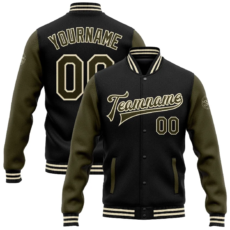 One Size Black Olive-Cream Bomber Full-Snap Varsity Letterman Two Tone Jacket