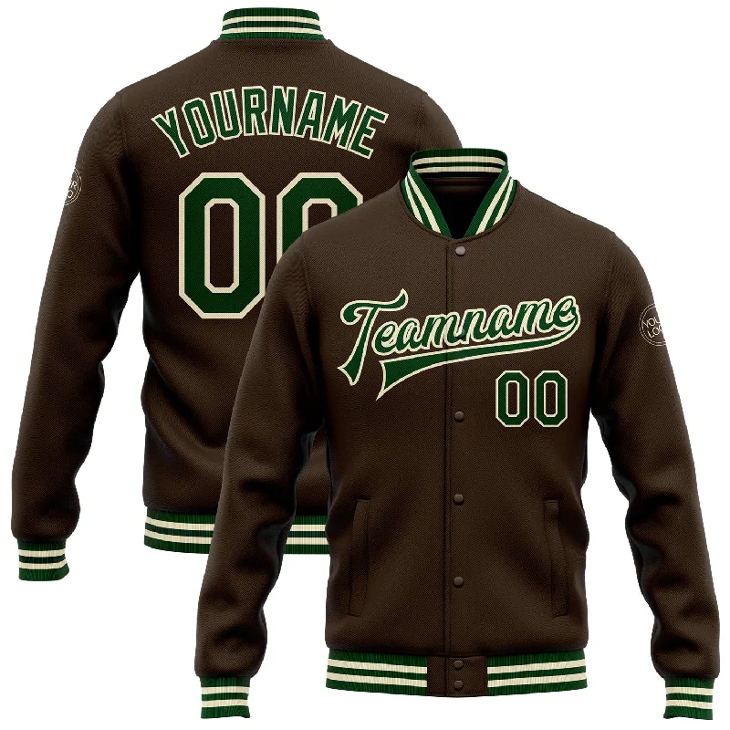 One Size Brown Green-Cream Bomber Full-Snap Varsity Letterman Jacket