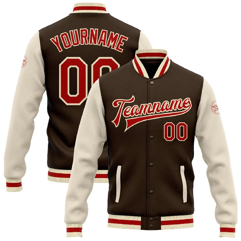 One Size Brown Red-Cream Bomber Full-Snap Varsity Letterman Two Tone Jacket