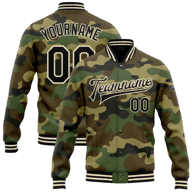 One Size Camo Black-Cream Bomber Full-Snap Varsity Letterman Salute To Service Jacket