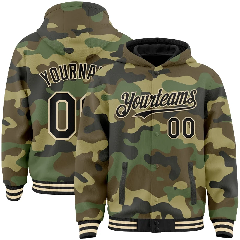 One Size Camo Black-Cream 3D Bomber Full-Snap Varsity Letterman Salute To Service Hoodie Jacket