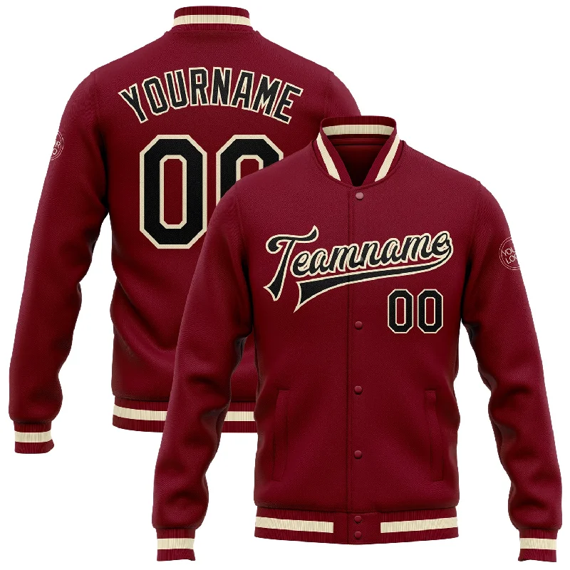 One Size Crimson Black Cream-Maroon Bomber Full-Snap Varsity Letterman Jacket