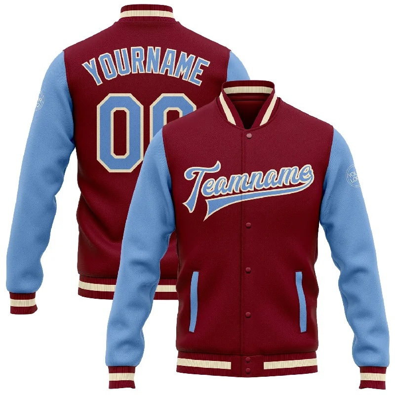 One Size Crimson Light Blue-Cream Bomber Full-Snap Varsity Letterman Two Tone Jacket