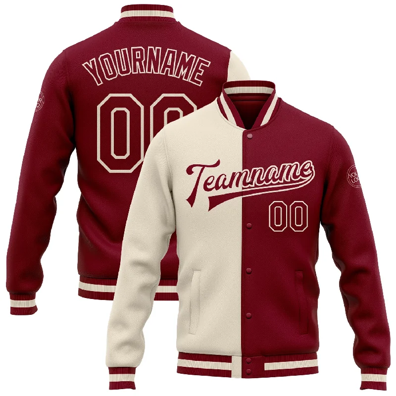 One Size Crimson Maroon-Cream Bomber Full-Snap Varsity Letterman Split Fashion Jacket