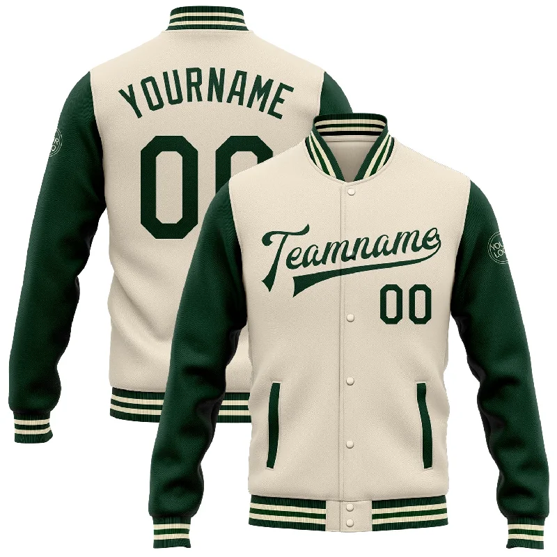 One Size Cream Green Bomber Full-Snap Varsity Letterman Two Tone Jacket