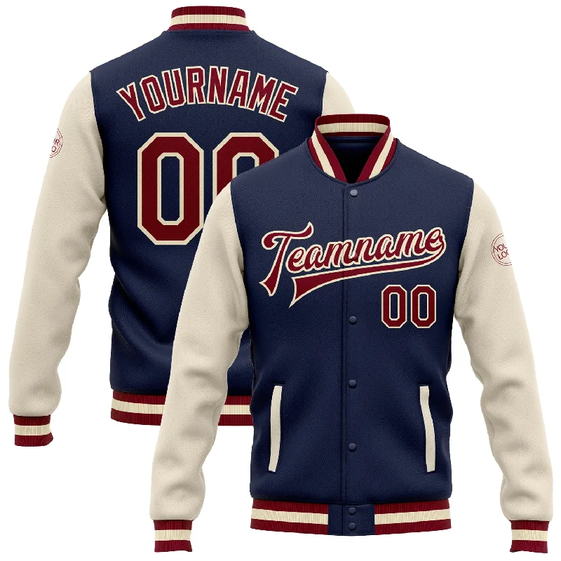 One Size Navy Maroon-Cream Bomber Full-Snap Varsity Letterman Two Tone Jacket