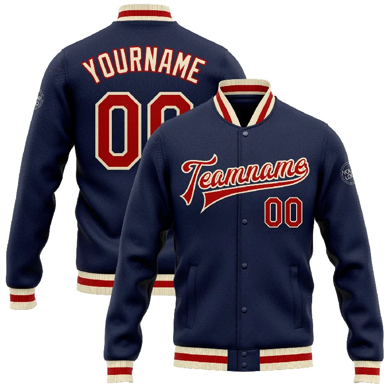 One Size Navy Red-Cream Bomber Full-Snap Varsity Letterman Jacket