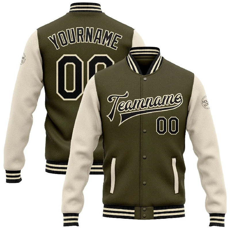 One Size Olive Black-Cream Bomber Full-Snap Varsity Letterman Two Tone Salute To Service Jacket