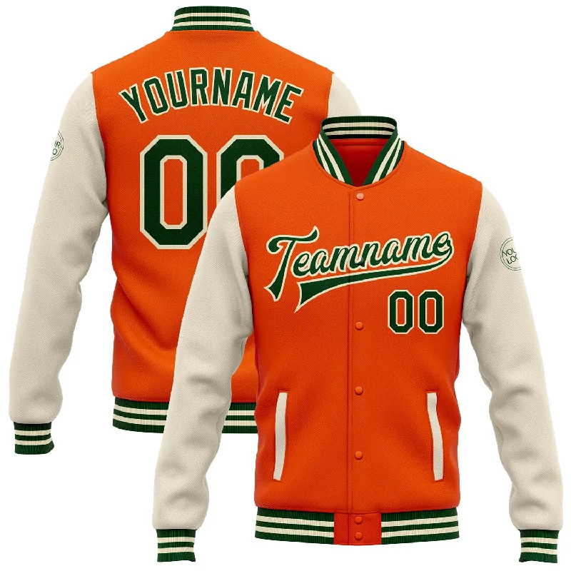 One Size Orange Green-Cream Bomber Full-Snap Varsity Letterman Two Tone Jacket