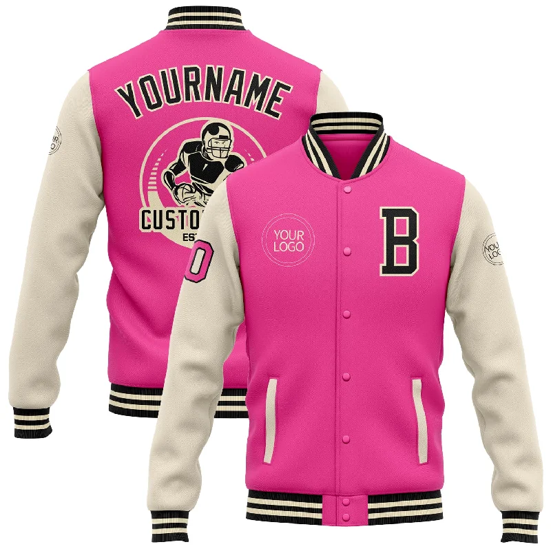 One Size Pink Black-Cream Bomber Full-Snap Varsity Letterman Two Tone Jacket