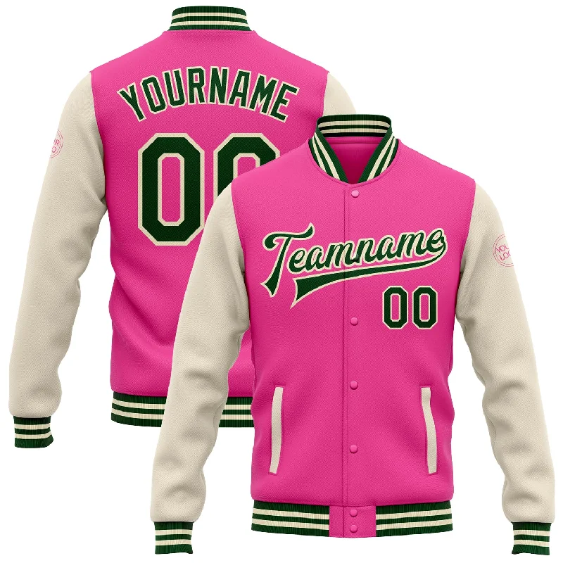 One Size Pink Green-Cream Bomber Full-Snap Varsity Letterman Two Tone Jacket