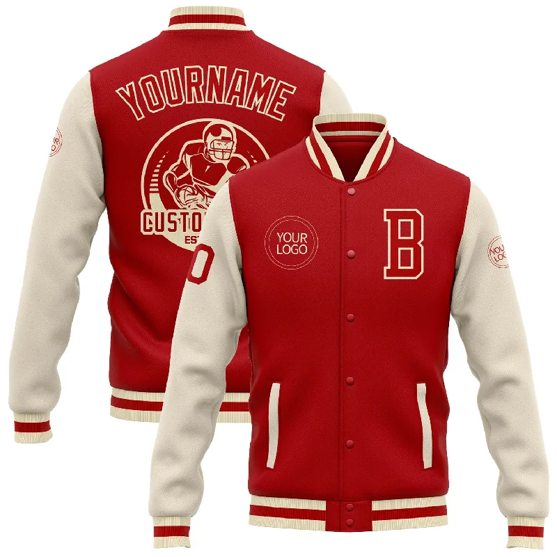 One Size Red Cream Bomber Full-Snap Varsity Letterman Two Tone Jacket