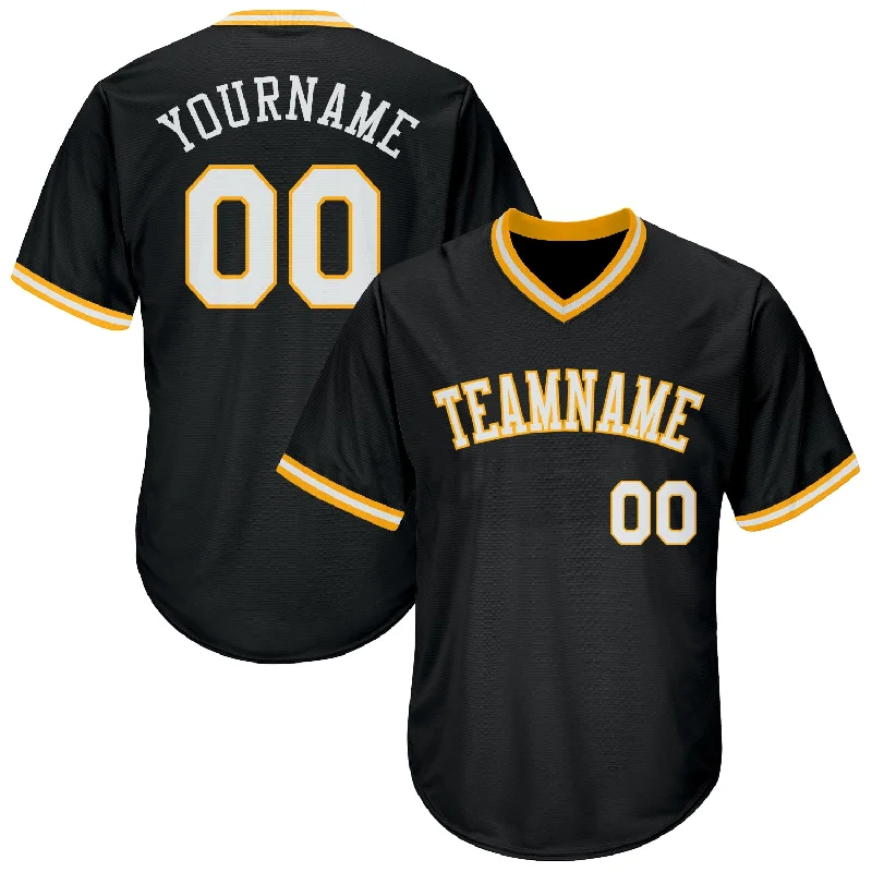 One Size Black White-Gold Authentic Throwback Rib-Knit Baseball Jersey Shirt