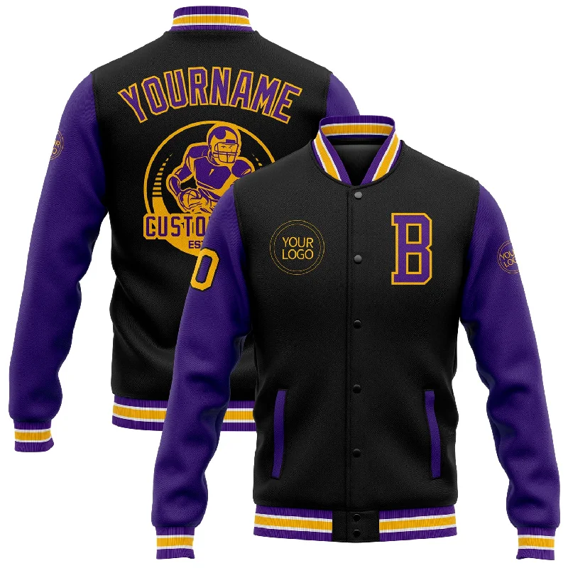 One Size Black Purple-Gold Bomber Full-Snap Varsity Letterman Two Tone Jacket